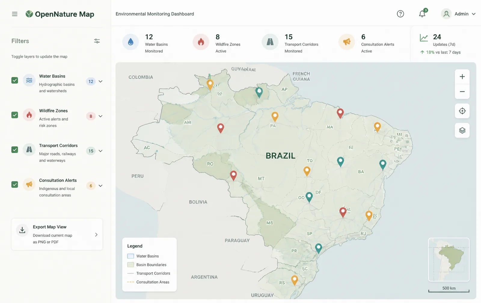 OpenNature Map, a student-built dashboard showing consultation alerts for water basins, wildfire zones and transport corridors across a map of Brazil
