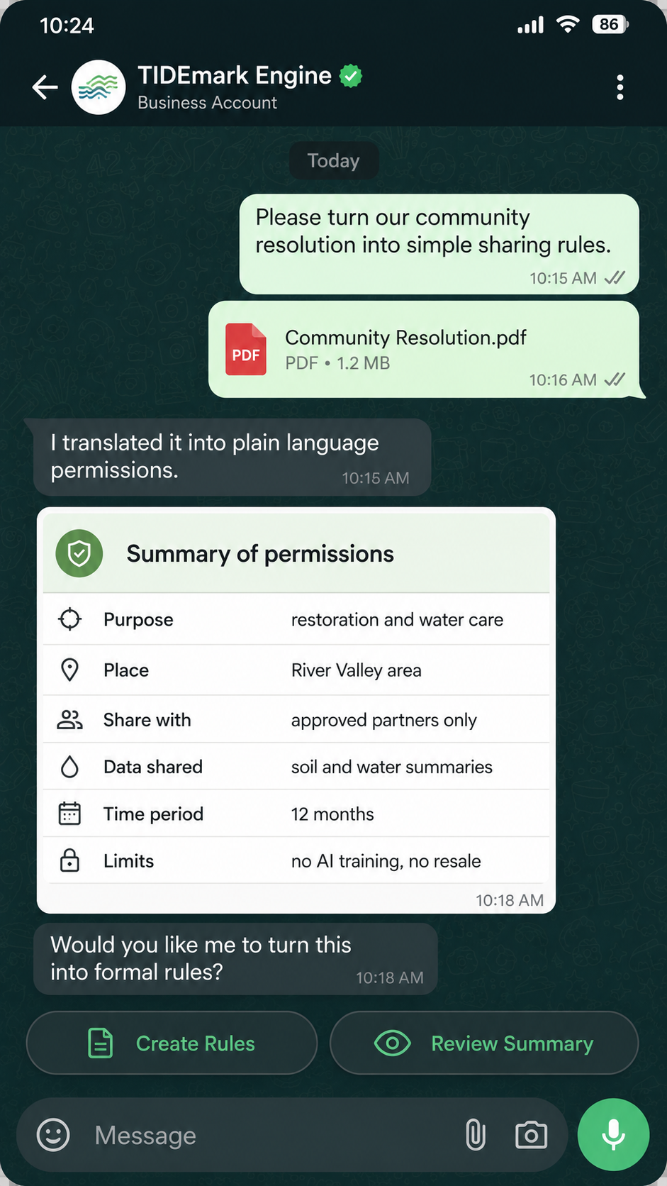 TIDEmark Engine permission summary mockup