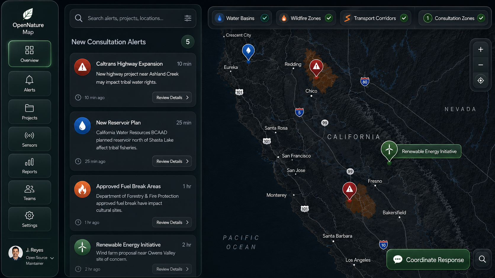 OpenNature Map, a student-built dashboard showing tribal consultation alerts for water basins, wildfire zones and transport corridors across a California map