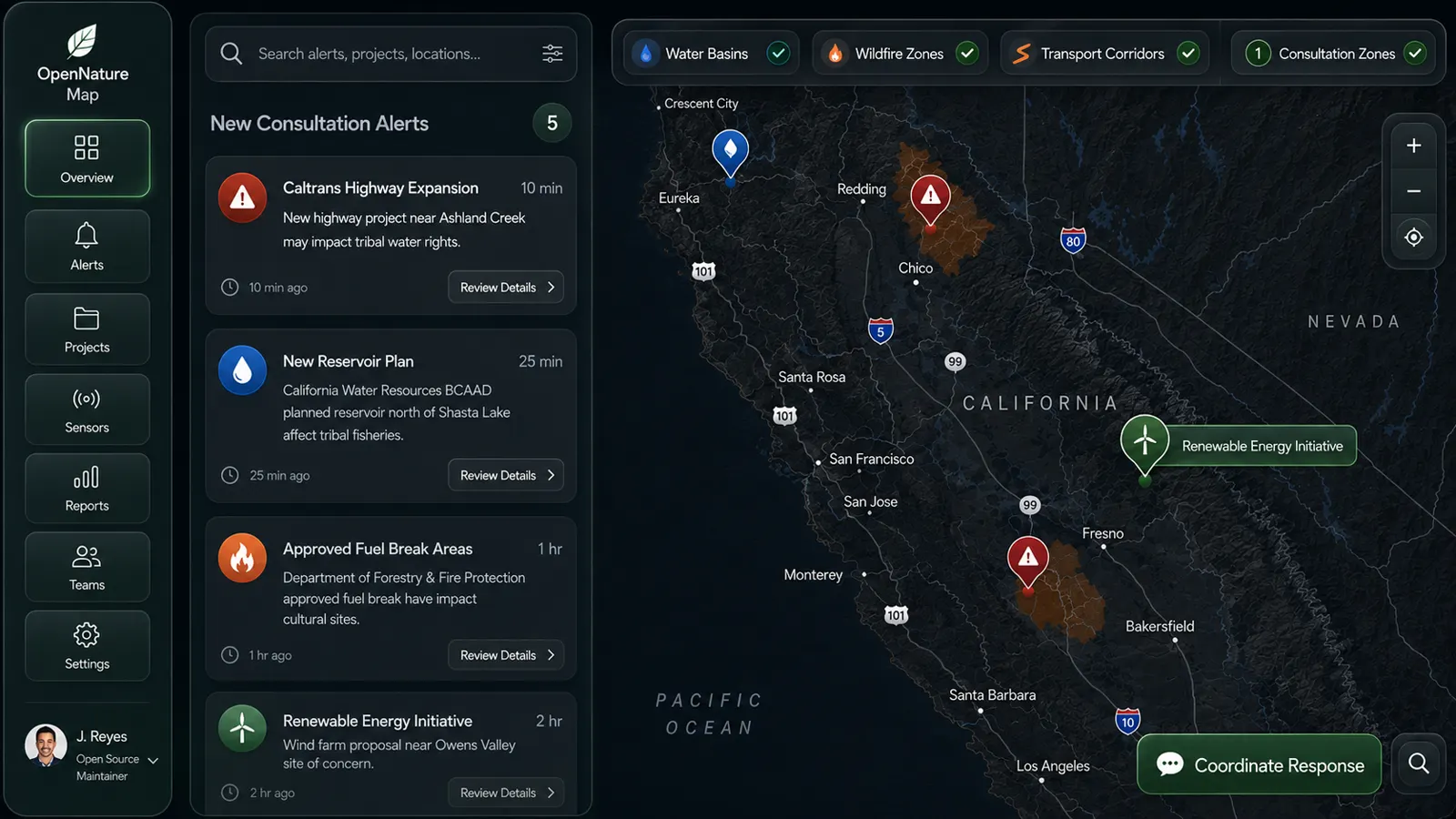 OpenNature Map, a student-built dashboard showing tribal consultation alerts for water basins, wildfire zones and transport corridors across a California map